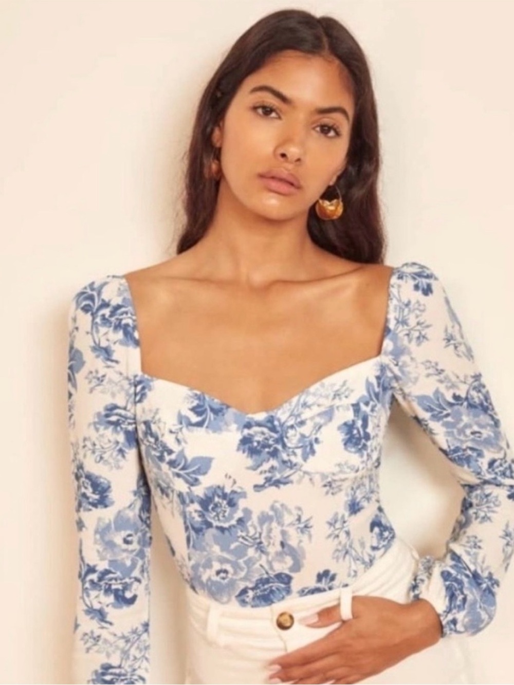Reformation Reign Olympia Blue/White Floral Sweetheart Long-Sleeve Top Size 2